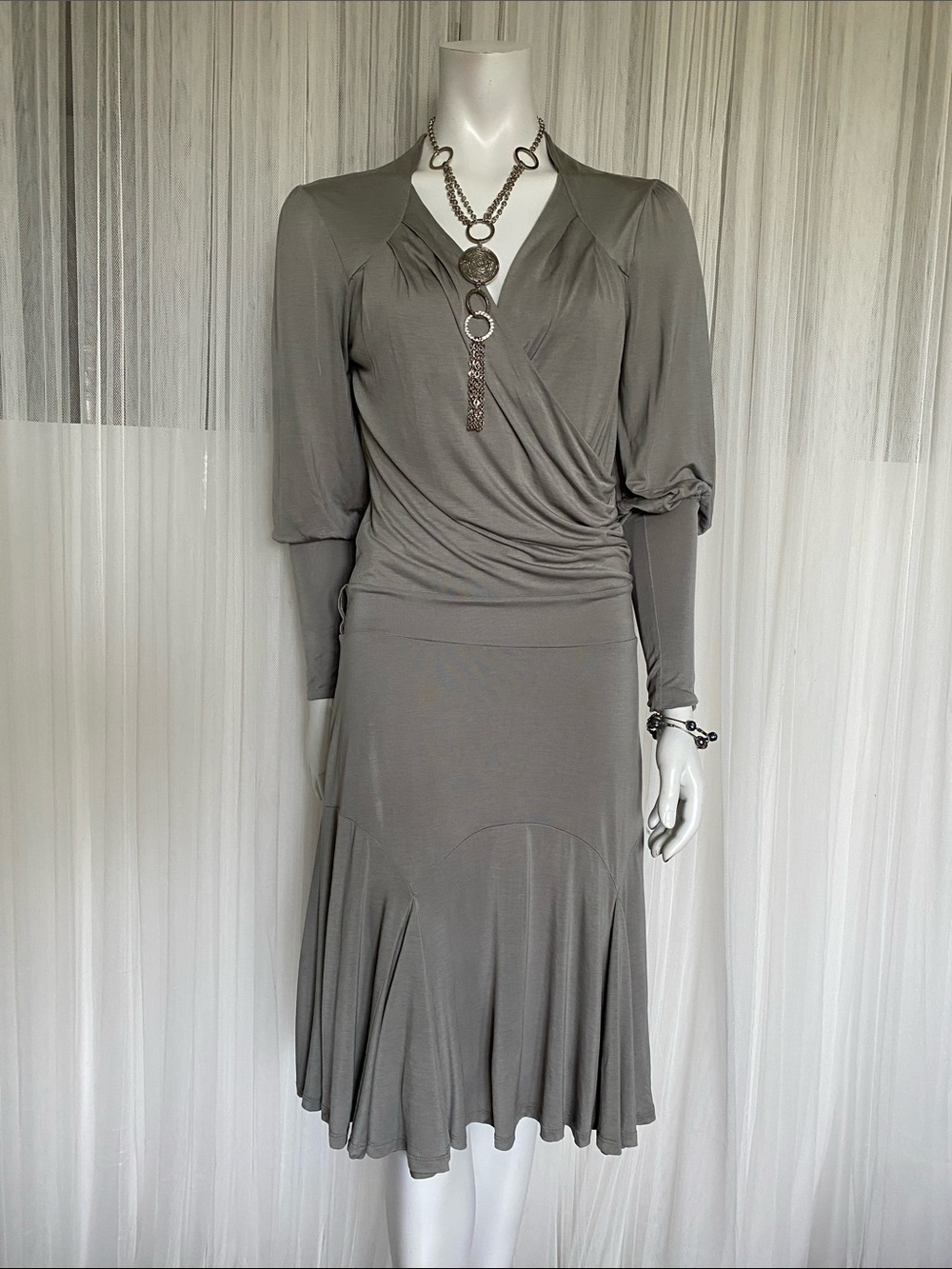 Ted Baker London Grey Faux Wrap Front Long Sleeve Midi Dress Size 1   (4 USA)